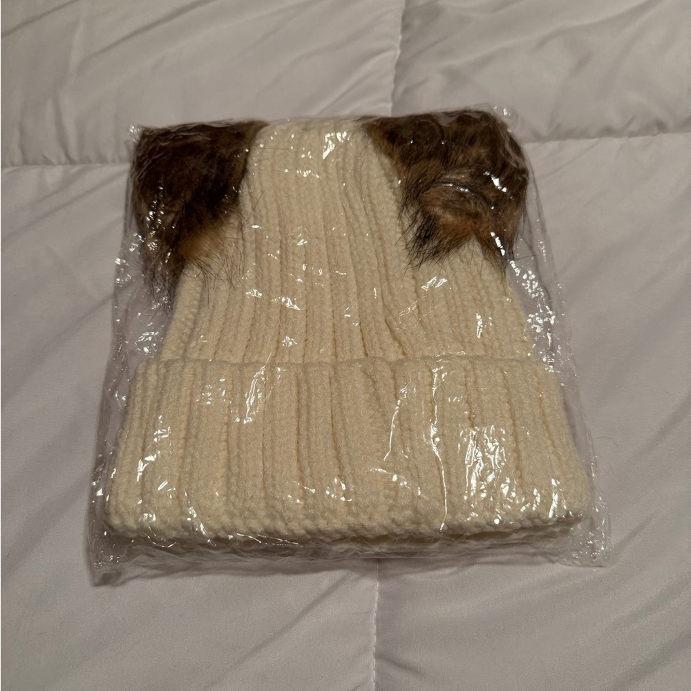 Cream Knit Beanie with Faux Fur Pom Poms never worn